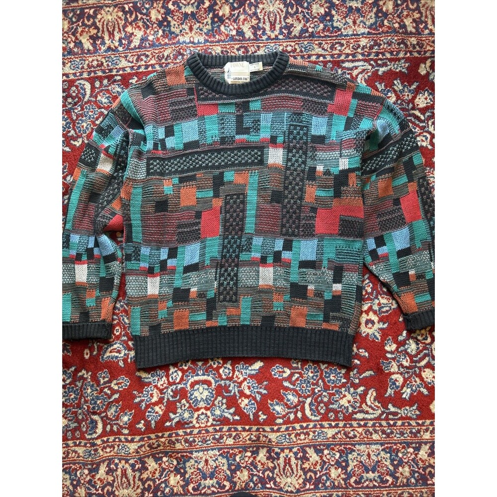 I Vintage Towne By London Fog Sweater Mens Large Geometric Knit Made USA 90s